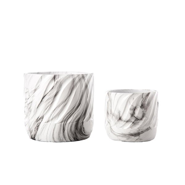 Urban Trends Collection Cement Round Pot with Embossed Wave Pattern  Seamless Overlay Design Body White Set of 2 19302